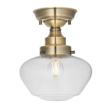 Camberley Clear Glass Shade Semi Flush Ceiling Light In Antique Brass