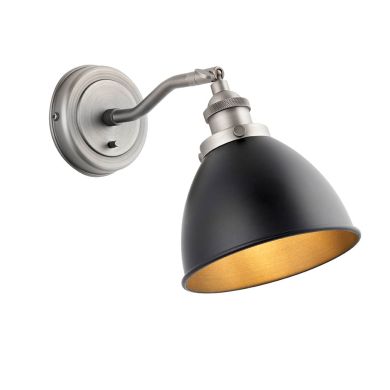 Franklin Matt Black Rolled Edge Metal Shade Wall Light In Aged Pewter Base