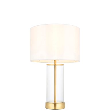 Lessina Small Vintage White Fabric Drum Shade Touch Table Lamp In Satin Brass