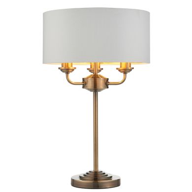 Highclere 3 Lights Vintage White Linen Shade Table Lamp In Antique Brass
