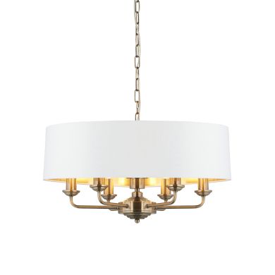 Highclere 6 Lights Vintage White Linen Shade Ceiling Pendant Light In Antique Brass