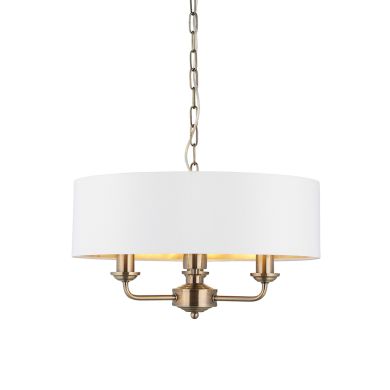 Highclere 3 Lights Vintage White Fabric Shade Ceiling Pendant Light In Antique Brass