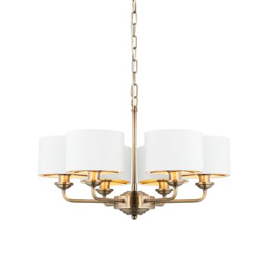 Highclere 6 Lights Vintage White Fabric Shade Ceiling Pendant Light In Antique Brass