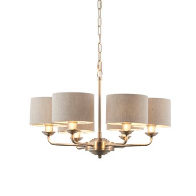 Highclere 6 Lights Natural Fabric Shade Ceiling Pendant Light In Brushed Chrome