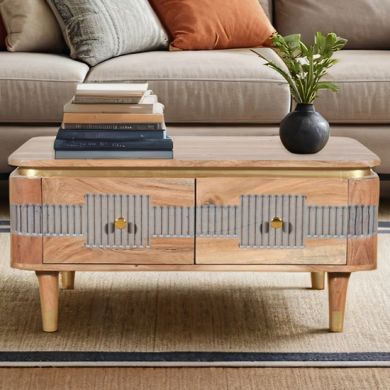 Wilton Acacia Wood Coffee Table With 2 Drawers In Natural And Grey