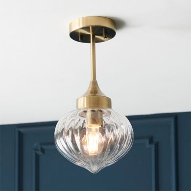 Addington Clear Ribbed Glass Shade Semi Flush Ceiling Light In Antique Brass