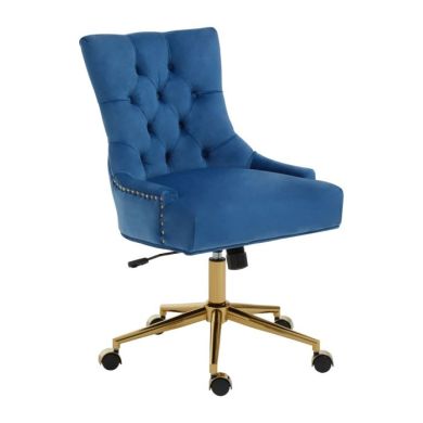 Anita Velvet Home And Office Chair In Blue With Gold Base