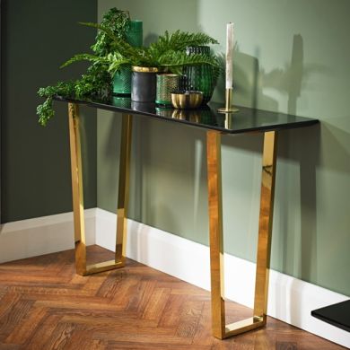 Antibes Wooden Console Table In Black High Gloss With Gold Metal Legs