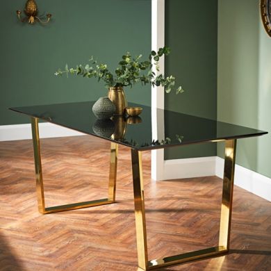 Anitbes Wooden Dining Table In Black High Gloss With Gold Metal Legs