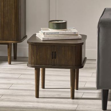 Arya Wooden Side Table With 2 Sliding Doors In Rich Dark Oak Effect