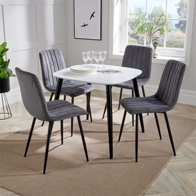 Aspen White Square Dining Table With 4 Grey Straight Stitch Fabric Chairs