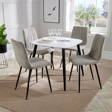 Aspen White Square Dining Table With 4 Light Grey Straight Stitch Fabric Chairs