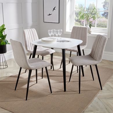 Aspen White Square Dining Table With 4 Natural Straight Stitch Fabric Chairs