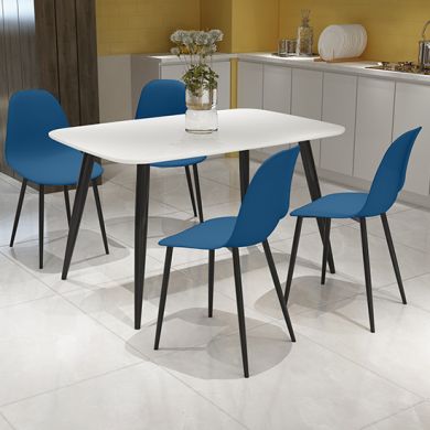 Craven Rectangular White Dining Table With 4 Berlin Curve Blue Chairs