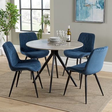 Aspen Grey Oak Round Dining Table With 4 Blue Fabric Chairs