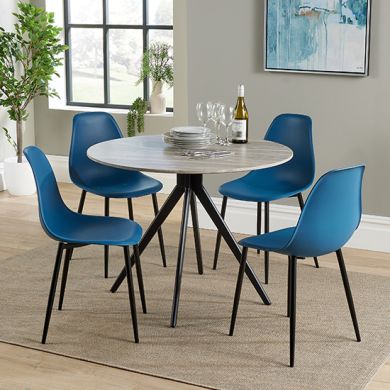 Aspen Grey Oak Round Dining Table With 4 Blue Curve Plastic Chairs