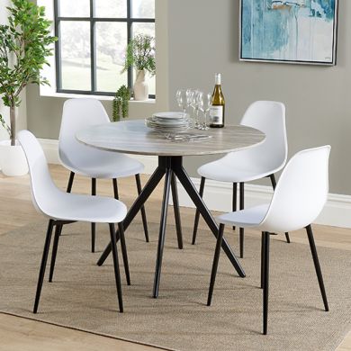 Aspen Grey Oak Round Dining Table With 4 White Curve Plastic Chairs