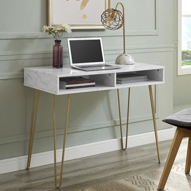 Athena Wooden Marble Effect Computer Desk With 2 Shelves In White