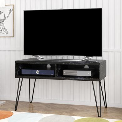 Athena Wooden Marble Effect TV Stand With 2 Shelves In Black