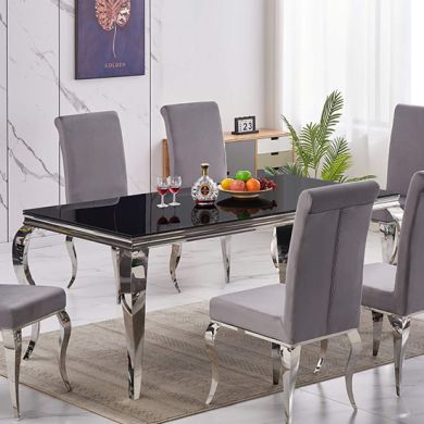 Atlanta Glass Dining Table In Black With Silver Stainless Steel Legs