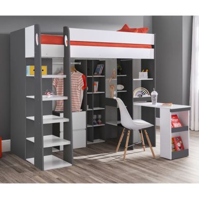 Aurora Wooden Highsleeper Bunk Bed With Computer Desk In Charcoal And White