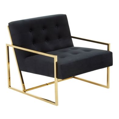 Azalea Velvet Upholstered Armchair In Black With Gold Frame