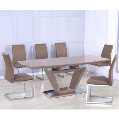 Azore Extending Wooden Dining Set In Cappuccino High Gloss With 6 Chairs