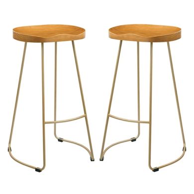 Bailey Pine Wood Seat Bar Stools In Pair With Golden Metal Legs