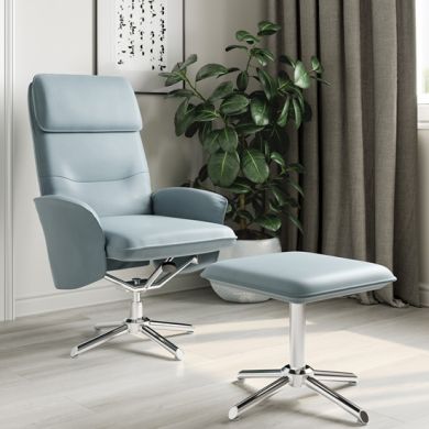 Belding Faux Leather Recliner Chair And Stool In Light Grey