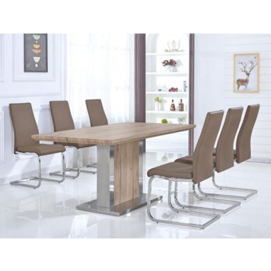 Belize Wooden Dining Set In Natural With Stainless Steel Base And 6 Chairs