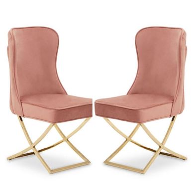 Belle Dusky Pink Velvet Dining Chairs In Pair With Gold Legs