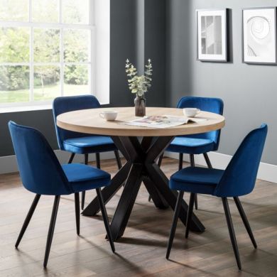 Berwick Round Wooden Dining Table In Oak With 4 Burgess Blue Chairs