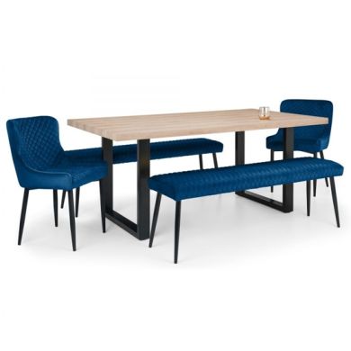 Berwick Wooden Dining Table In Oak With 2 Luxe Benches And 2 Blue Chairs