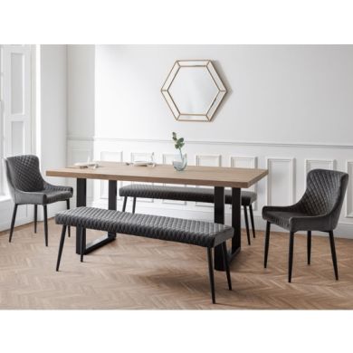 Berwick Wooden Dining Table In Oak With 2 Luxe Benches And 2 Grey Chairs