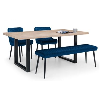 Berwick Wooden Dining Table In Oak With Luxe Bench And 2 Blue Chairs