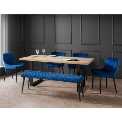 Berwick Wooden Dining Table In Oak With Luxe Bench And 4 Blue Chairs