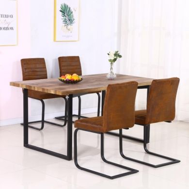 Boston Wooden Dining Set In Oak Effect With 4 Brown Fabric Chairs