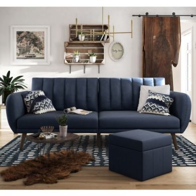 Brittany Linen Fabric Sofa Bed In Navy Blue With Wooden Legs