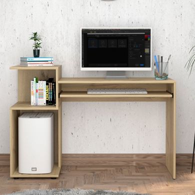 Brooklyn Wooden Computer Desk With Low Shelving Unit In Bleached Pine Effect