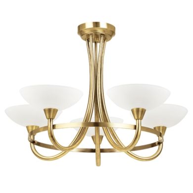 Cagney 5 Lights Matt White Glass Semi Flush Ceiling Light In Antique Brass