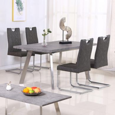 Calipso Concrete Effect Wooden Dining Set With 4 PU Grey Chairs
