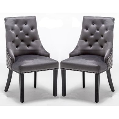 Cambridge Round Knocker Dark Grey Velvet Upholstered Dining Chair In Pair