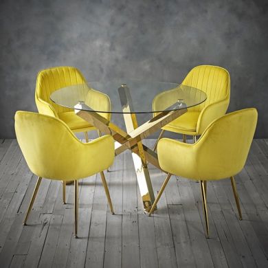 Capri Clear Glass Dining Set With 4 Lara Yellow Velvet Chairs
