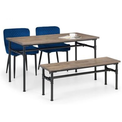 Carnegie Dining Table In Mocha Elm With Bench And 2 Luxe Blue Chairs