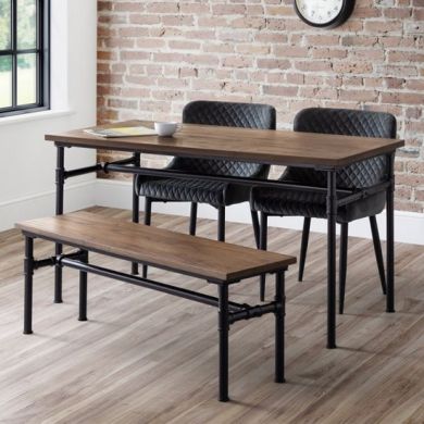 Carnegie Dining Table In Mocha Elm With Bench And 2 Luxe Grey Chairs