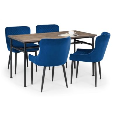 Carnegie Wooden Dining Table In Mocha Elm With 4 Luxe Blue Chairs