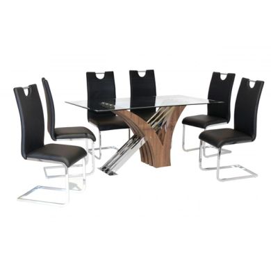 Caspian Clear Glass Dining Set With Walnut Legs And 6 Chairs