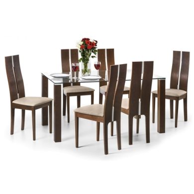Cayman Clear Glass Dining Table With 6 Walnut Chairs