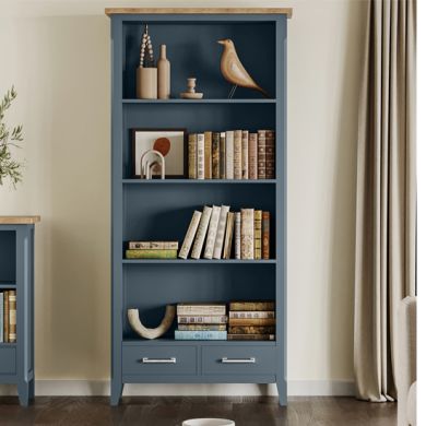 Signature Wooden Tall Bookcase With 2 Drawers In Blue