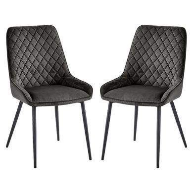 Signature Grey Velvet Dining Chairs With Black Metal Legs In Pair